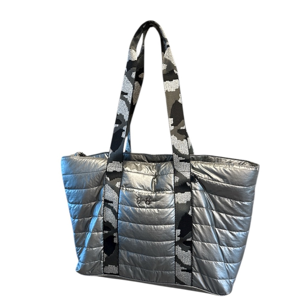 Jessica Simpson Silver Quilted Tote Bag with Camo, Black, silver & Gray Straps